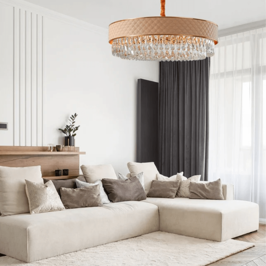 TKLD Pendant & Chandeliers Cream Leather Shade Gold Metal Body Crystal Chandelier Ceiling Light - 40W
