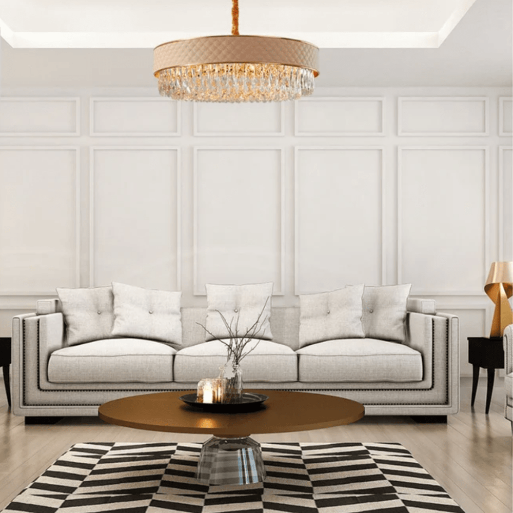 TKLD Pendant & Chandeliers Cream Leather Shade Gold Metal Body Crystal Chandelier Ceiling Light - 40W