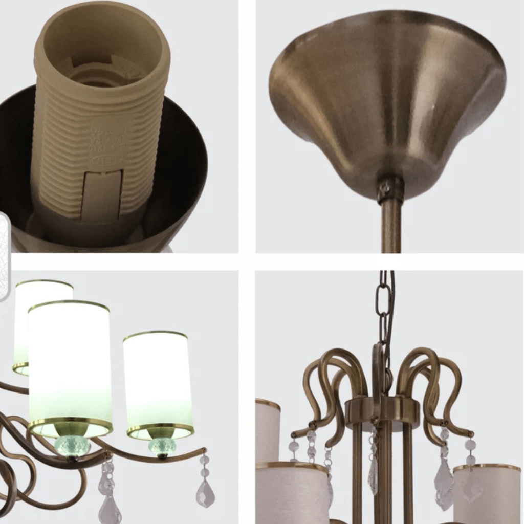 TKLD Pendant & Chandeliers Cream Shade Antique Brass Metal Arm Ceiling E14 Chandelier Light with Pendeloque Crystals - 12 Shades