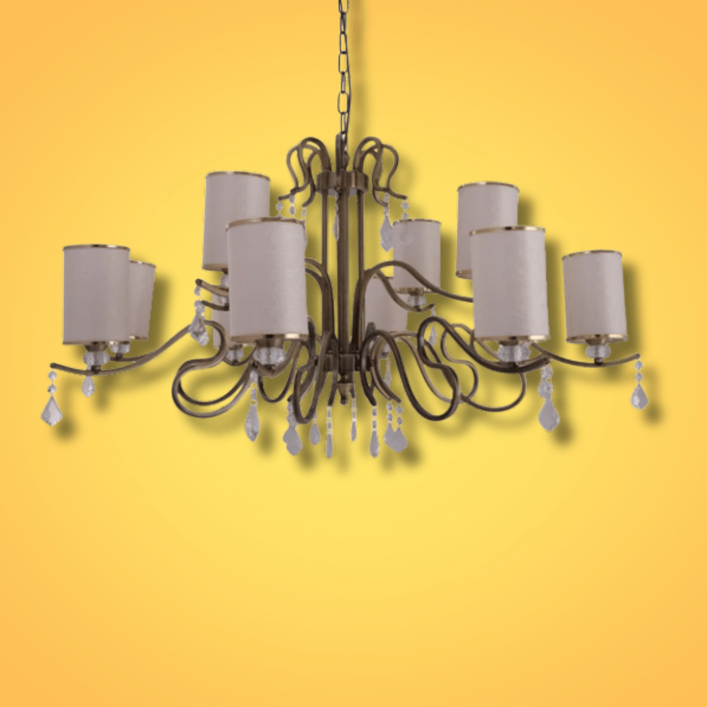 TKLD Pendant & Chandeliers Cream Shade Antique Brass Metal Arm Ceiling E14 Chandelier Light with Pendeloque Crystals - 12 Shades