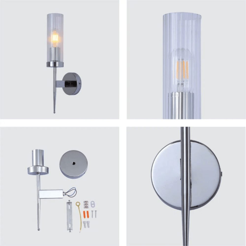 TKLD Pendant & Chandeliers Cylinder Clear Reeded Chrome Metal + Glass Joseph Fonteyn Fluted Wall Light - SY8562-1W