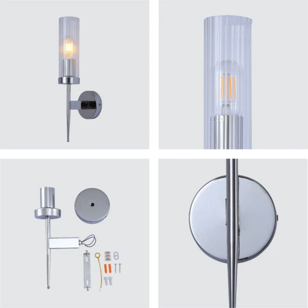 TKLD Pendant & Chandeliers Cylinder Clear Reeded Chrome Metal + Glass Joseph Fonteyn Fluted Wall Light - SY8562-1W