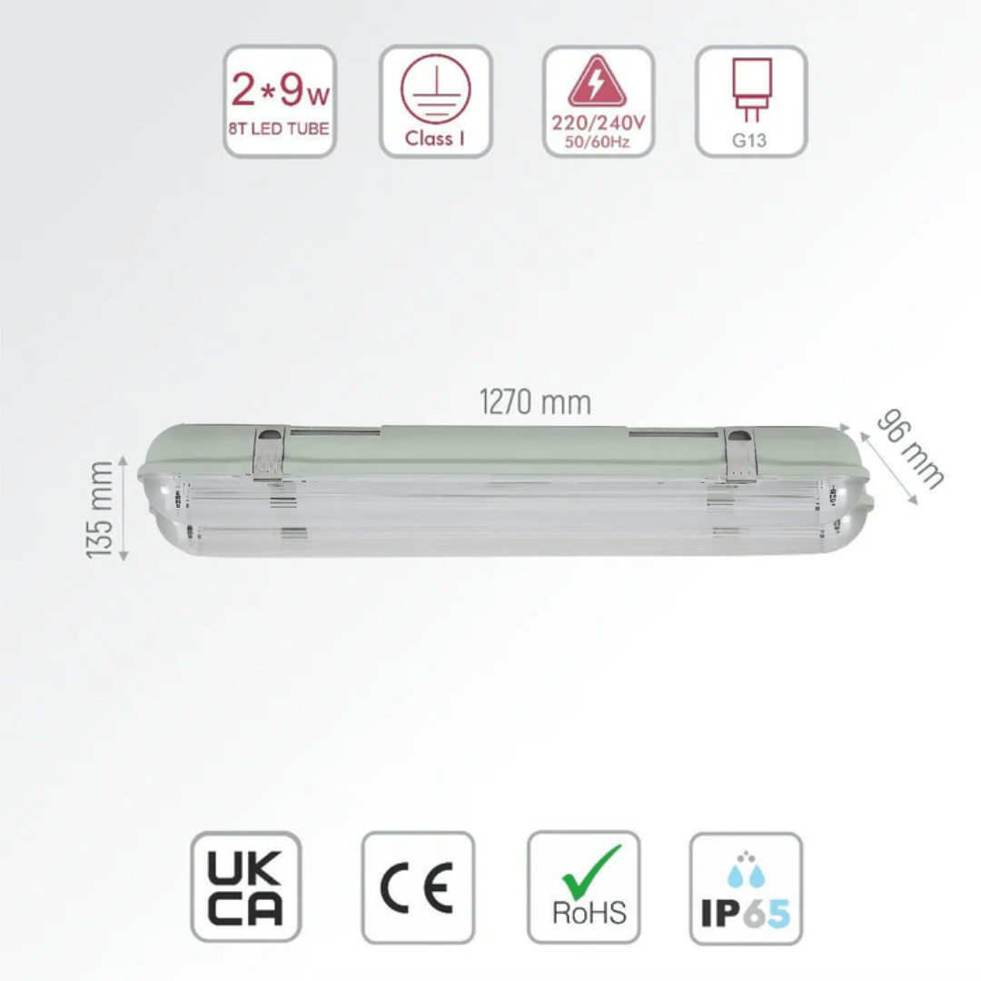TKLD Ceiling Lights Double Tube Weatherproof Non Corrosive 2ft LED Fitting Batten Light - 9W