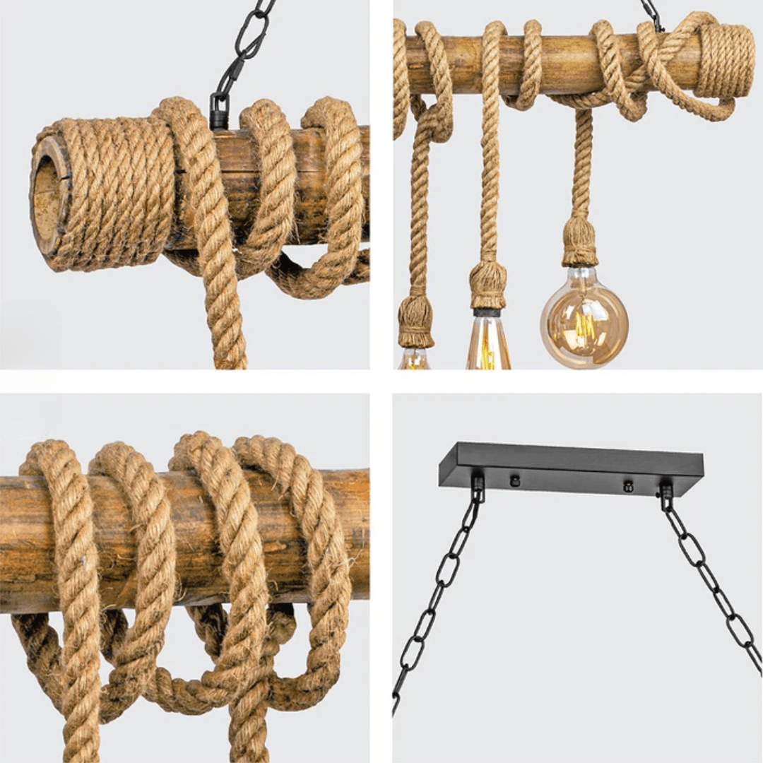 TKLD Pendant & Chandeliers Farmhouse 1000mm Rustic Bamboo and Hemp Rope Rod Ceiling Chandelier Light - 40W