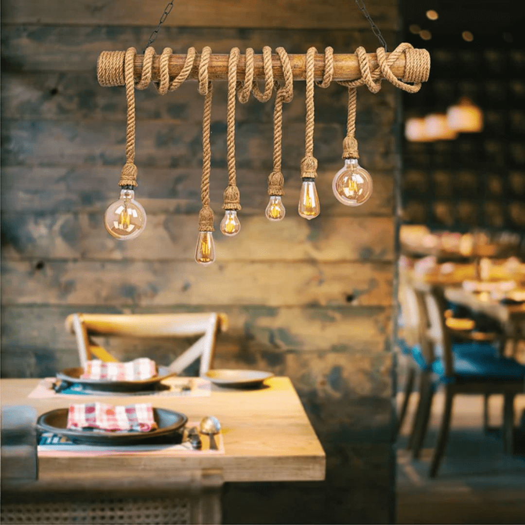 TKLD Pendant & Chandeliers Farmhouse 1000mm Rustic Bamboo and Hemp Rope Rod Ceiling Chandelier Light - 40W