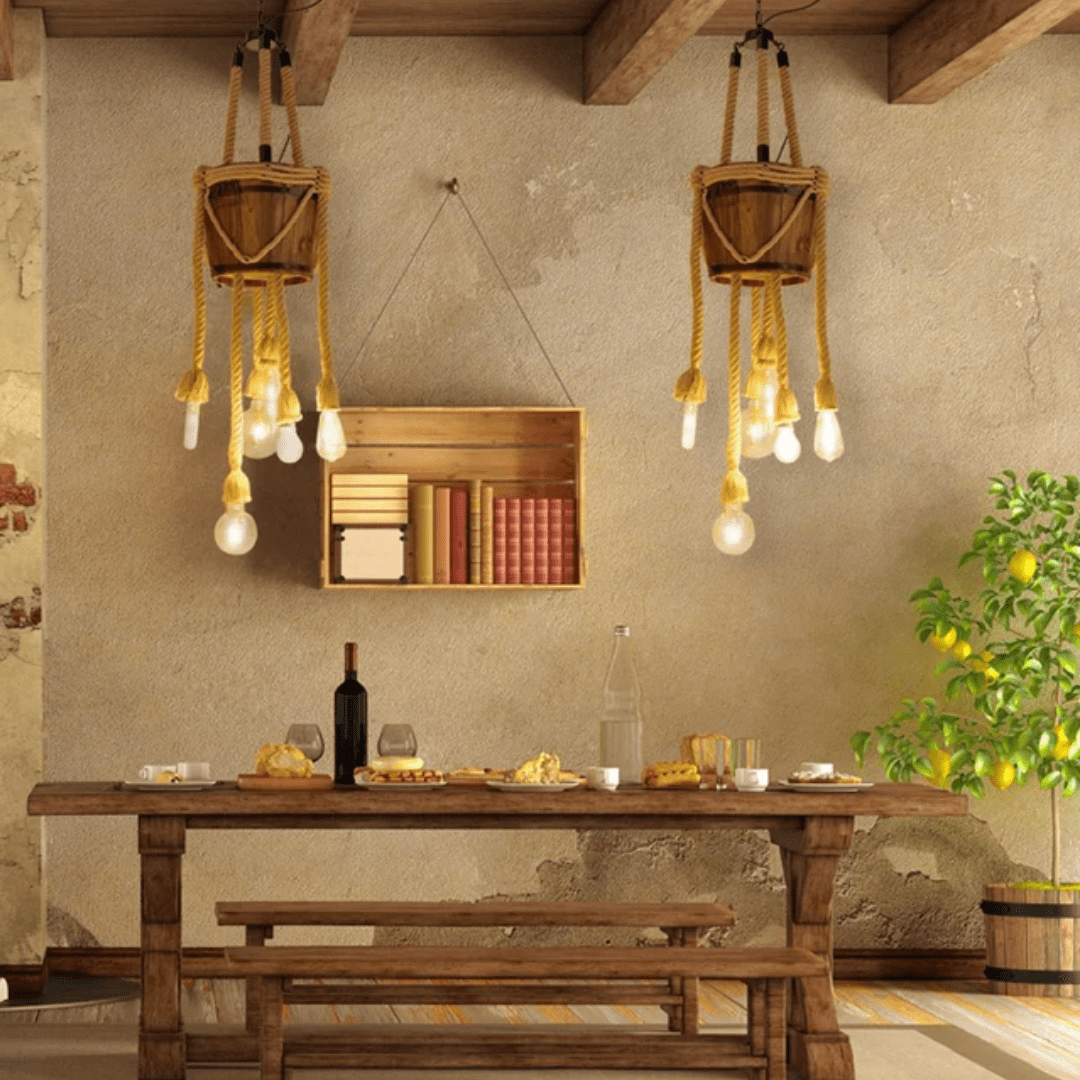 TKLD Pendant & Chandeliers Firewood Basket 6 Hemp Rope Farmhouse Ceiling Chandelier Light - 40W