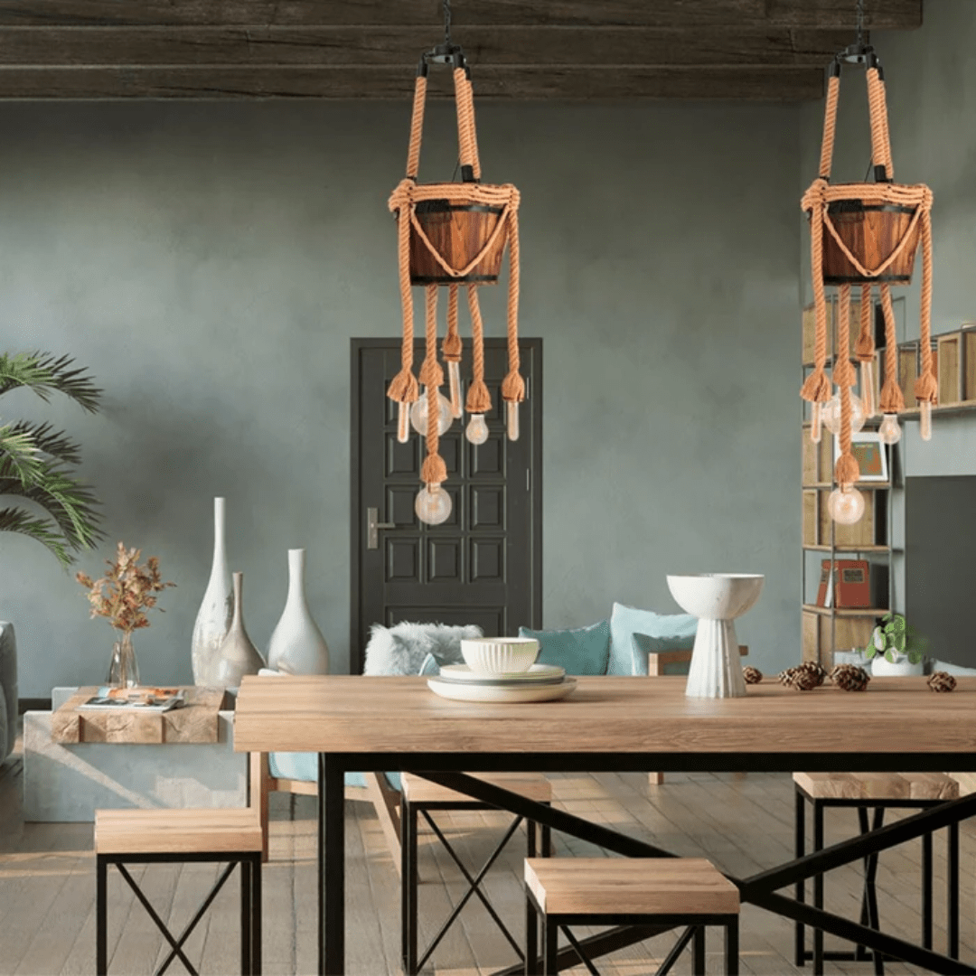 TKLD Pendant & Chandeliers Firewood Basket 6 Hemp Rope Farmhouse Ceiling Chandelier Light - 40W