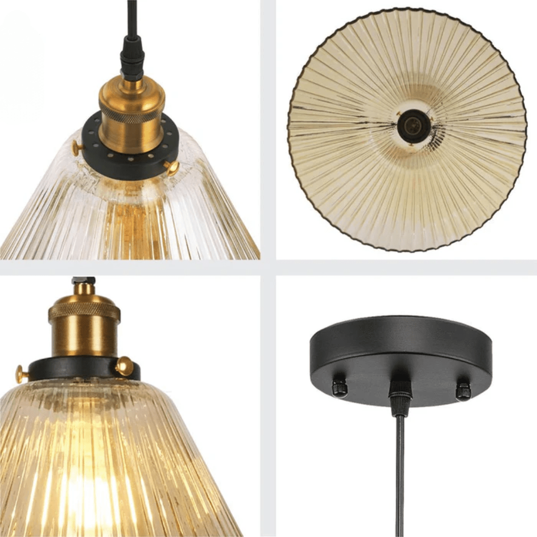 TKLD Pendant & Chandeliers Funnel Reeded Fluted Striped Amber Glass Pendant Ceiling Light - 8618-1AM
