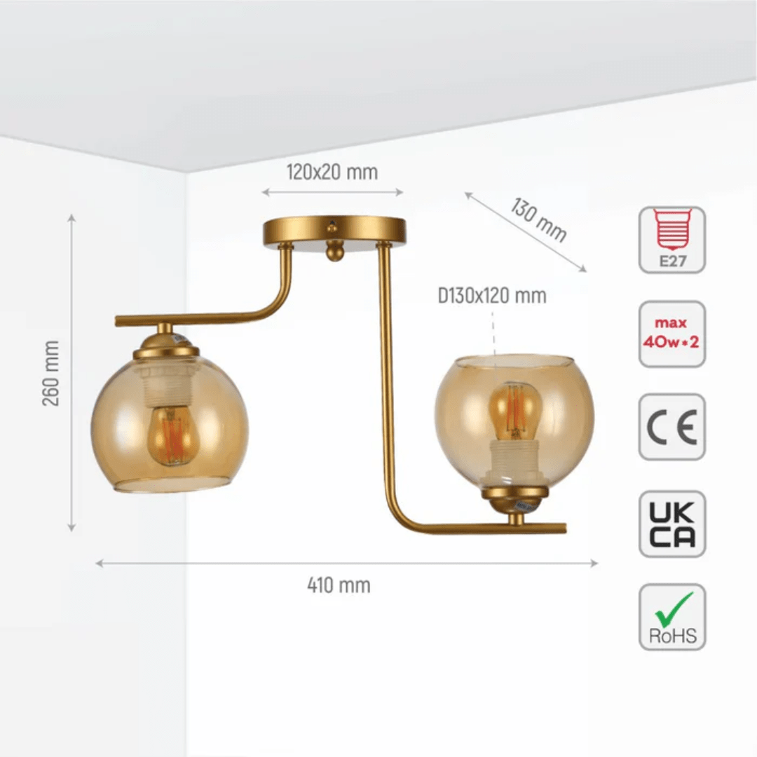 TKLD Ceiling Lights Gold 2 Lamp L shape Metal Amber Dome Glass Ceiling Light - 40W
