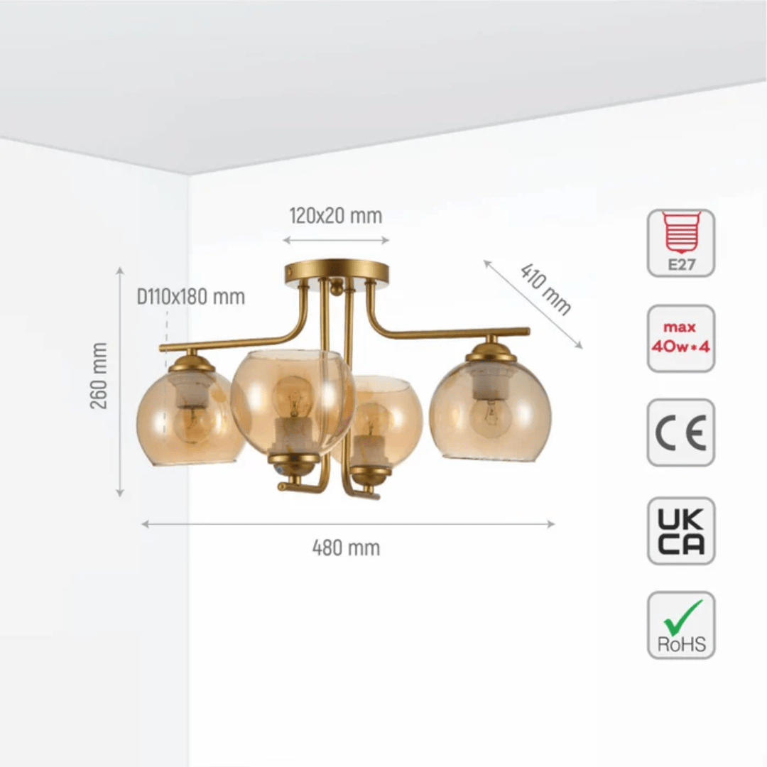 TKLD Ceiling Lights Gold 4 Lamp L shape Metal Amber Dome Glass Ceiling Light - 40W
