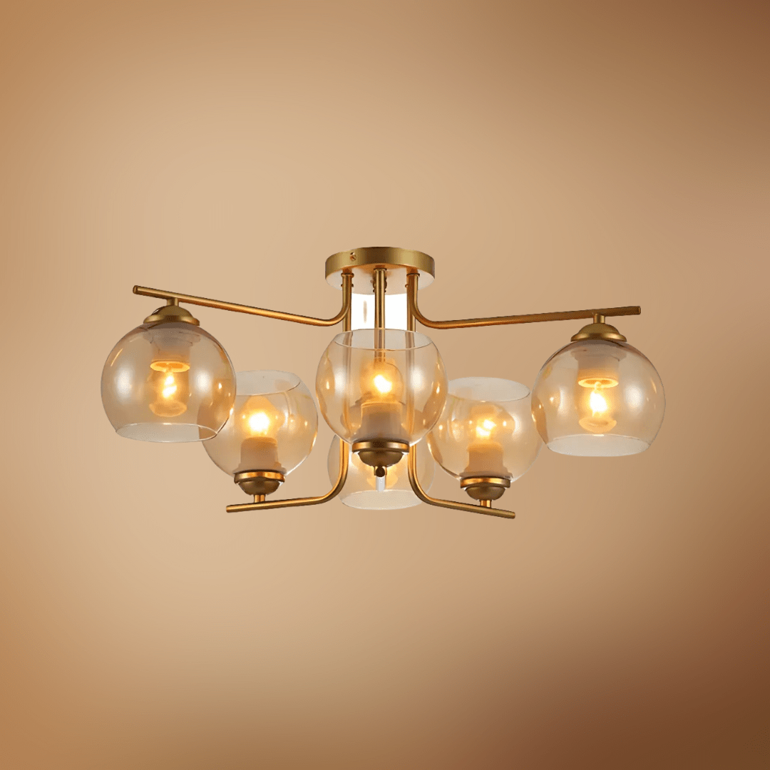 TKLD Ceiling Lights Gold 6 Lamp L shape Metal Amber Dome Glass Ceiling Light - 40W