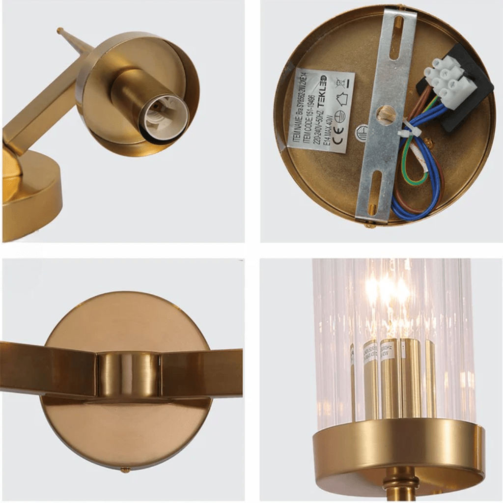 TKLD Wall & Sconce Lights Gold Aluminium Bronze or Black Clear Reeded Cylinder Glass Wall Sconce Light