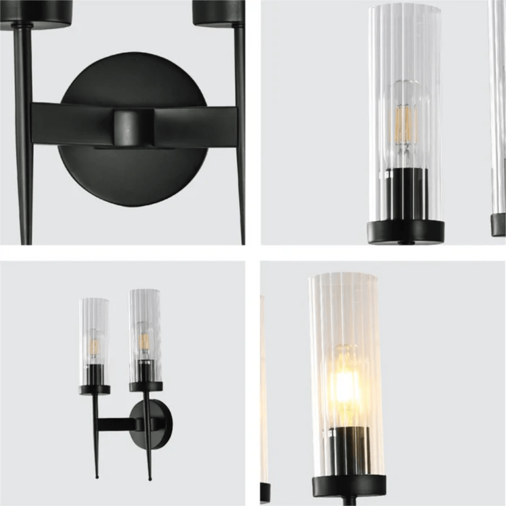 TKLD Wall & Sconce Lights Gold Aluminium Bronze or Black Clear Reeded Cylinder Glass Wall Sconce Light