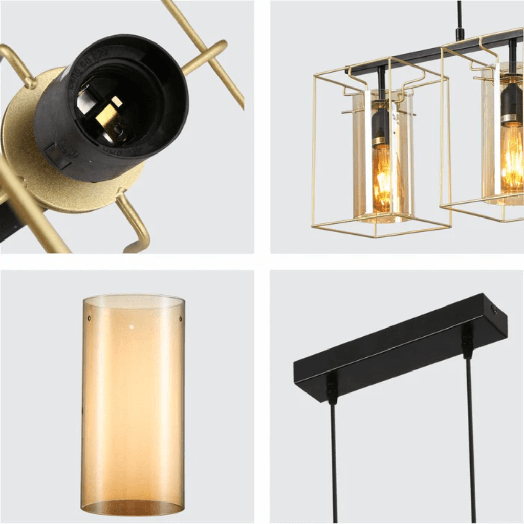 TKLD Pendant & Chandeliers Gold Metal Cage Single or Triple Cylinder Glass E27 Pendant or Island Ceiling Light