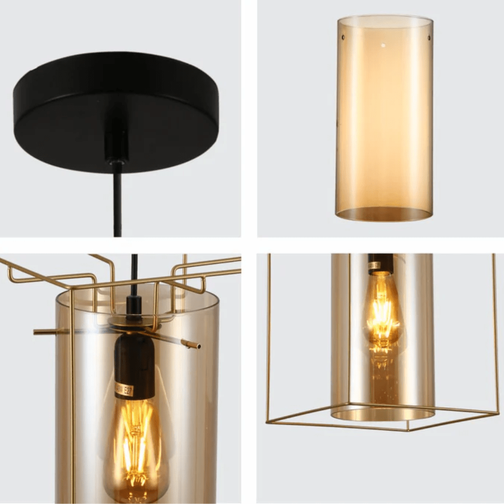 TKLD Pendant & Chandeliers Gold Metal Cage Single or Triple Cylinder Glass E27 Pendant or Island Ceiling Light