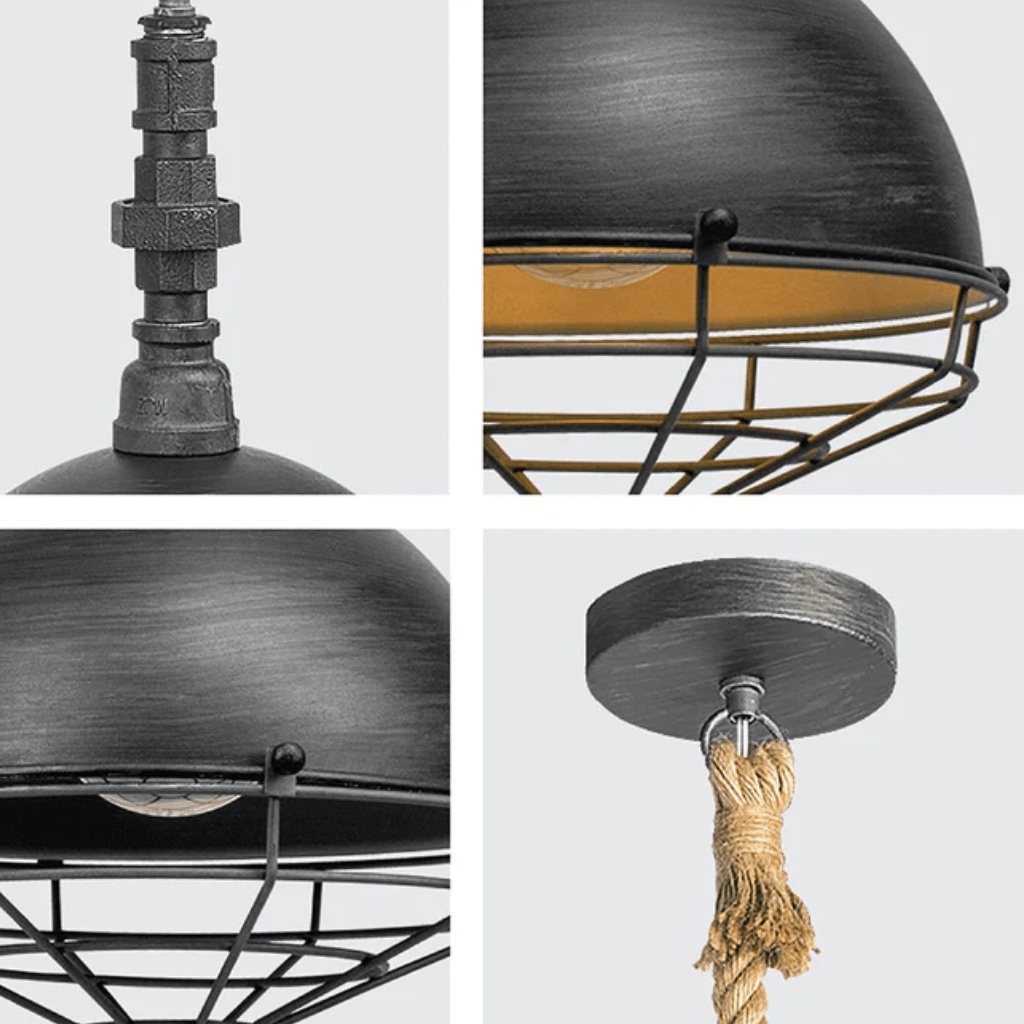 TKLD Pendant & Chandeliers Hemp Rope Silvery Grey Dome Metal Industrial Vintage Pendant Ceiling Light