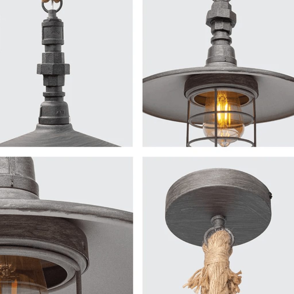 TKLD Pendant & Chandeliers Hemp Rope Silvery Grey Flat Metal Industrial Vintage Pendant Ceiling Light