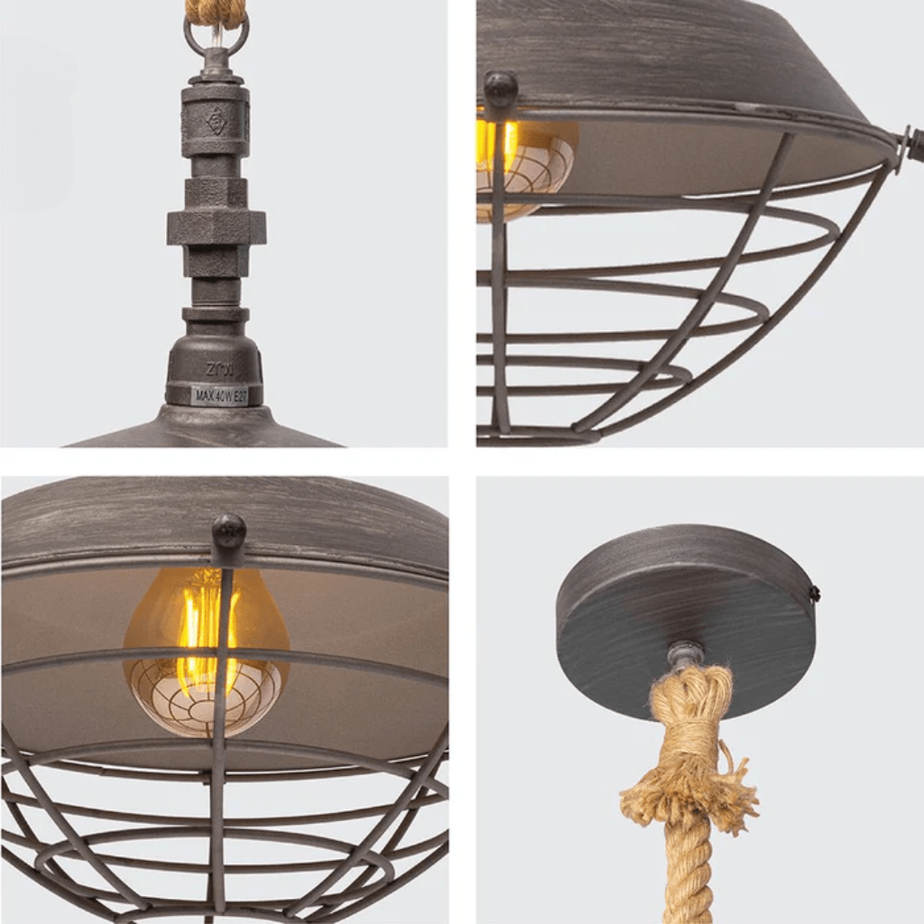 TKLD Pendant & Chandeliers Hemp Rope Silvery Grey Step Metal Industrial Vintage Pendant Ceiling Light