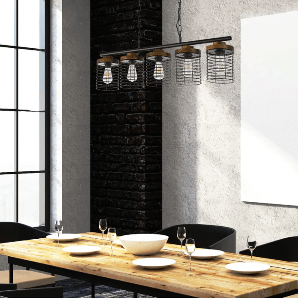 TKLD Pendant & Chandeliers Industrial 5-Shade Cage Pendant Light with Wood Accents