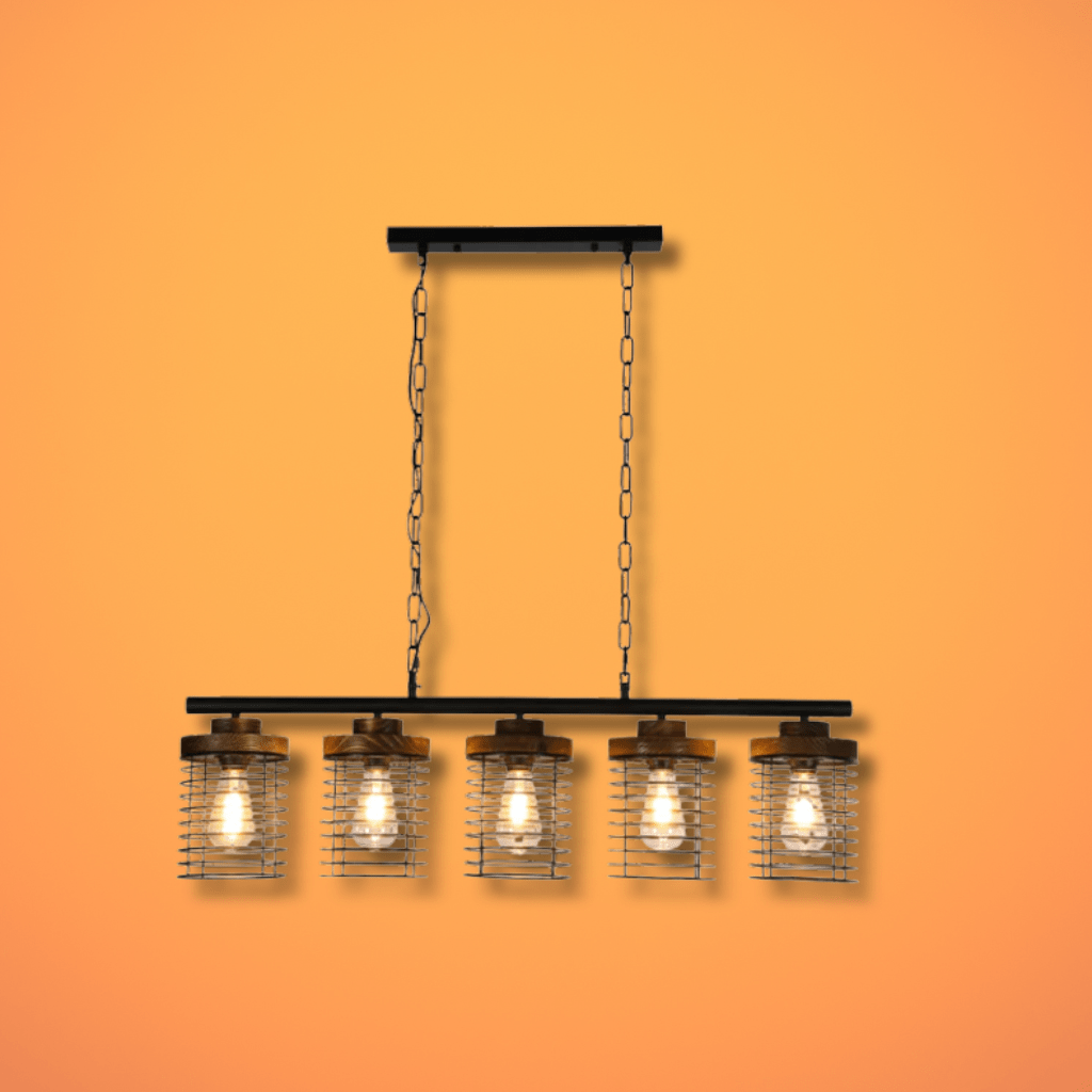 TKLD Pendant & Chandeliers Industrial 5-Shade Cage Pendant Light with Wood Accents
