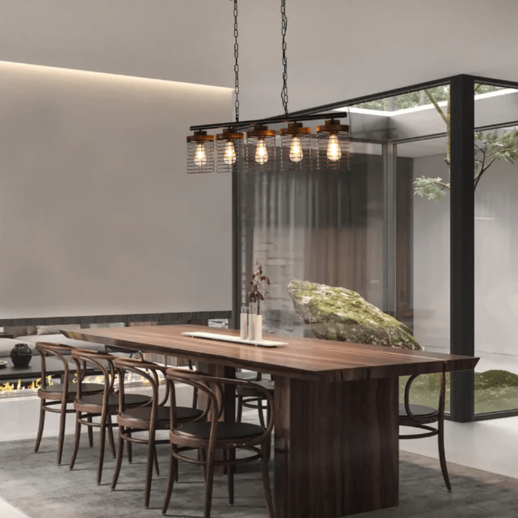 TKLD Pendant & Chandeliers Industrial 5-Shade Cage Pendant Light with Wood Accents