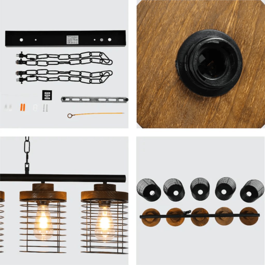 TKLD Pendant & Chandeliers Industrial 5-Shade Cage Pendant Light with Wood Accents