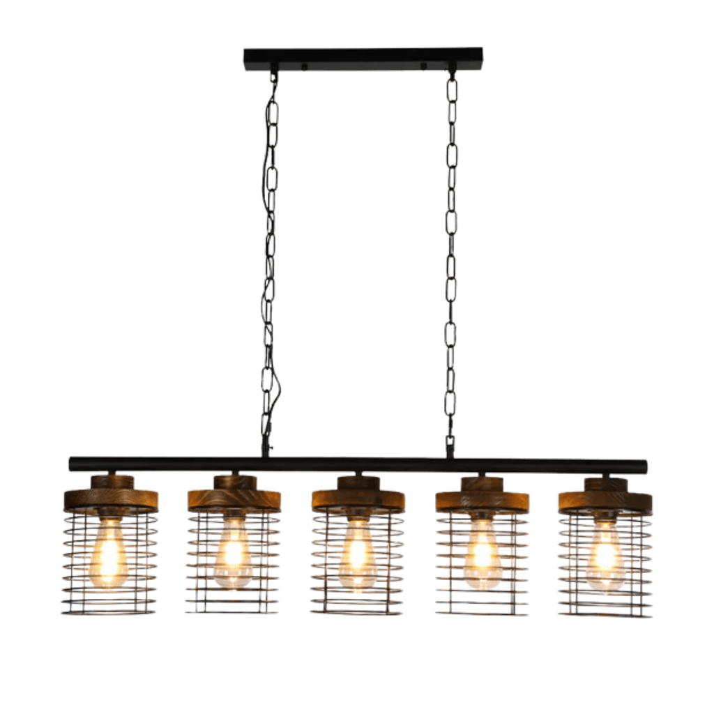TKLD Pendant & Chandeliers Industrial 5-Shade Cage Pendant Light with Wood Accents