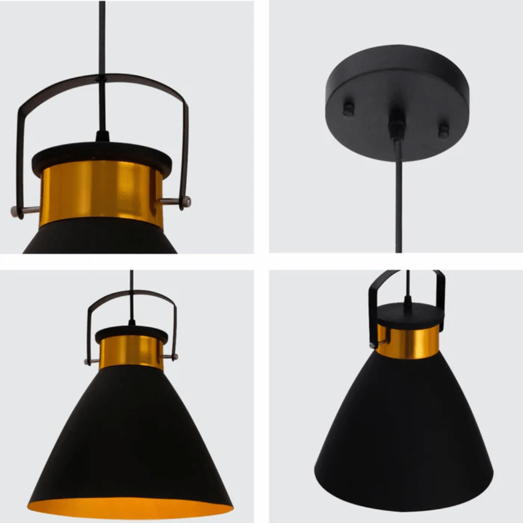TKLD Pendant & Chandeliers Loft Cafe Bar Black Gold Funnel Handled Metal Pendant Ceiling Light
