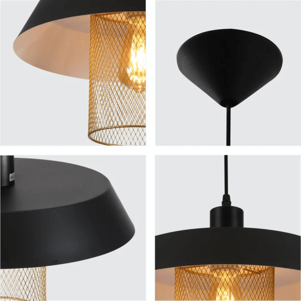 TKLD Pendant & Chandeliers Matte Gold Caged Shade with Black Flat Top E27 Pendat Ceiling Light - D300mm/D385mm