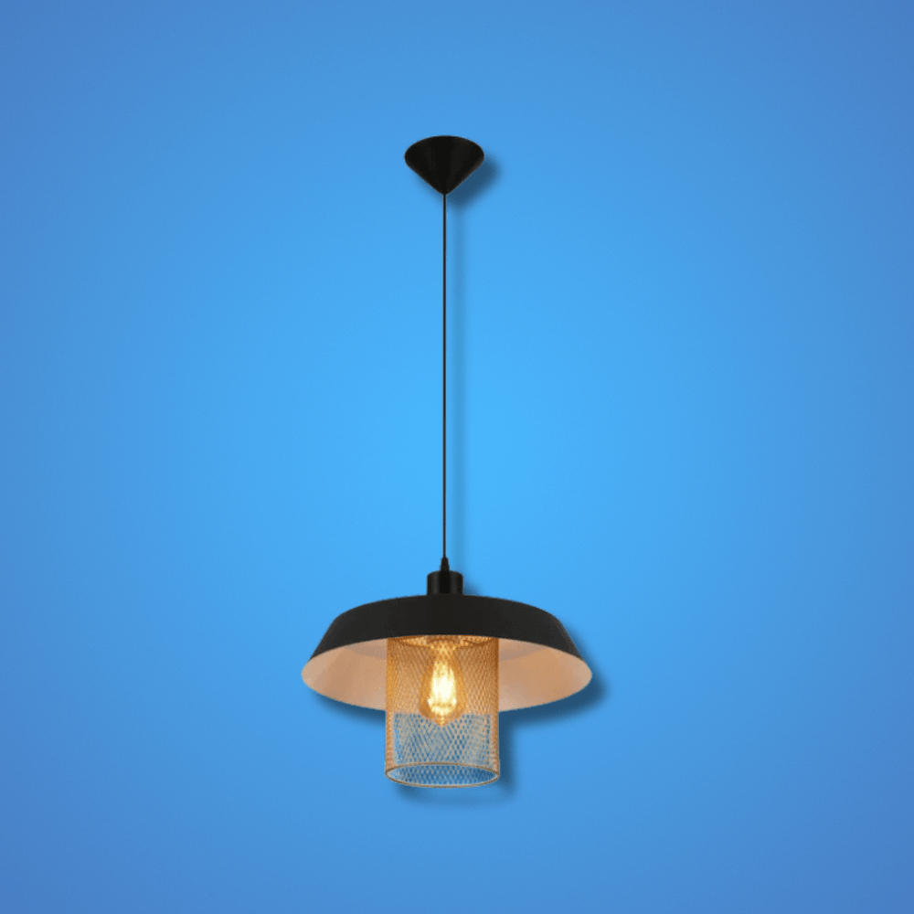 TKLD Pendant & Chandeliers Matte Gold Caged Shade with Black Flat Top E27 Pendat Ceiling Light - D300mm/D385mm