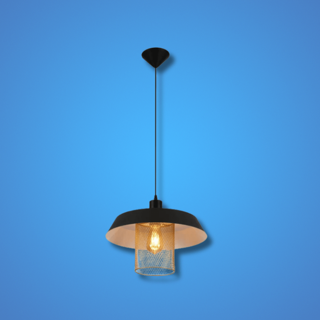 TKLD Pendant & Chandeliers Matte Gold Caged Shade with Black Flat Top E27 Pendat Ceiling Light - D300mm/D385mm