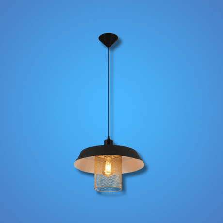 TKLD Pendant & Chandeliers Matte Gold Caged Shade with Black Flat Top E27 Pendat Ceiling Light - D300mm/D385mm