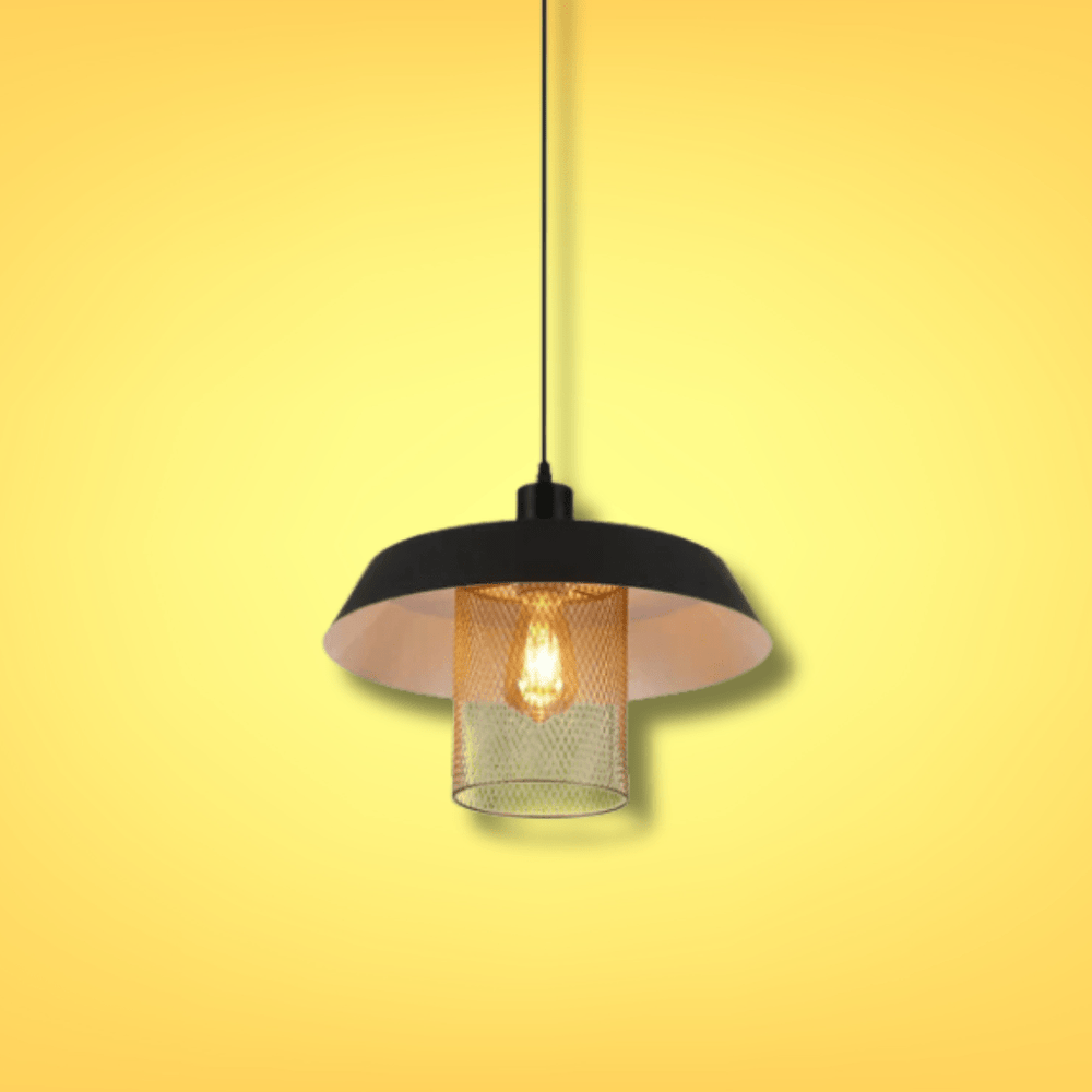 TKLD Pendant & Chandeliers Matte Gold Caged Shade with Black Flat Top E27 Pendat Ceiling Light - D300mm/D385mm