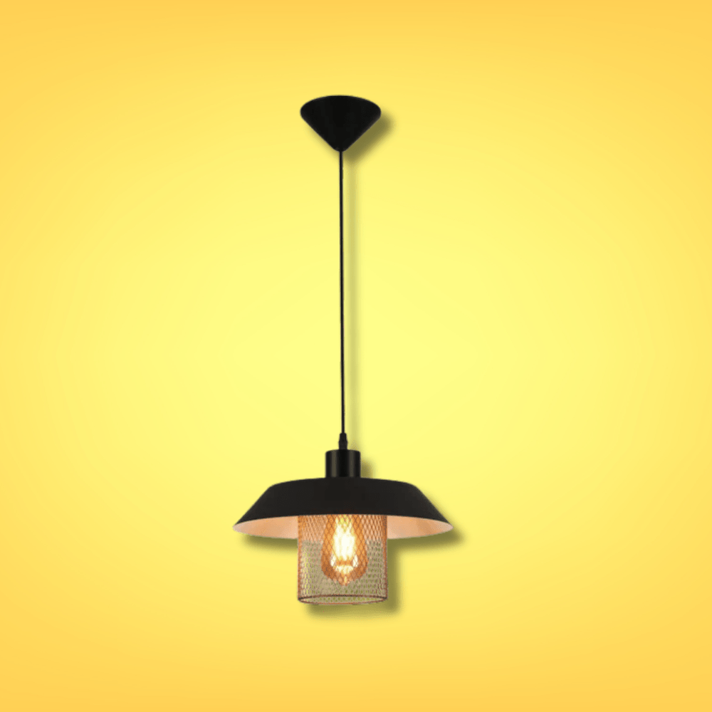 TKLD Pendant & Chandeliers Matte Gold Caged Shade with Black Flat Top E27 Pendat Ceiling Light - D300mm/D385mm