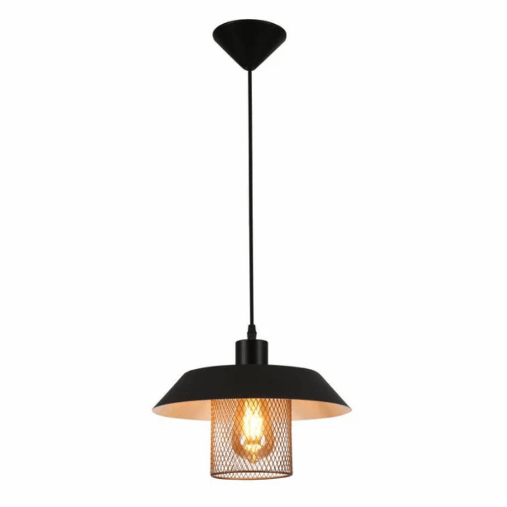 TKLD Pendant & Chandeliers Matte Gold Caged Shade with Black Flat Top E27 Pendat Ceiling Light - D300mm/D385mm