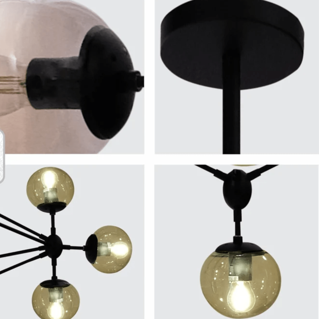 TKLD Pendant & Chandeliers Molecule Shape Black Rod Metal Amber Glass Globe Chandelier Ceiling Light - 10 Globes