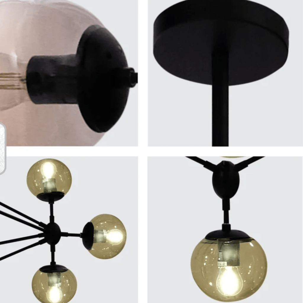 TKLD Pendant & Chandeliers Molecule Shape Black Rod Metal Amber Glass Globe Chandelier Ceiling Light - 15 Globes