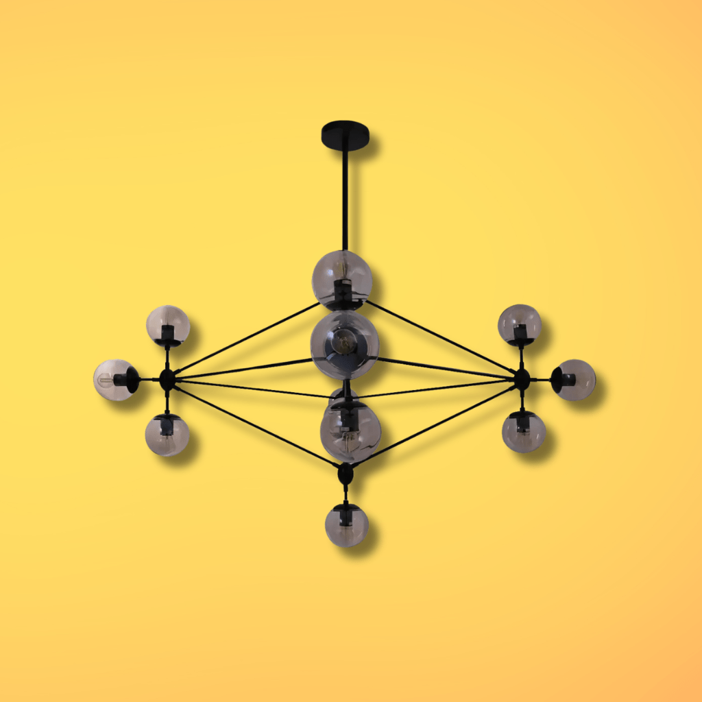 TKLD Pendant & Chandeliers Molecule Shape Black Rod Metal Amber Glass Globe Chandelier Ceiling Light - 15 Globes