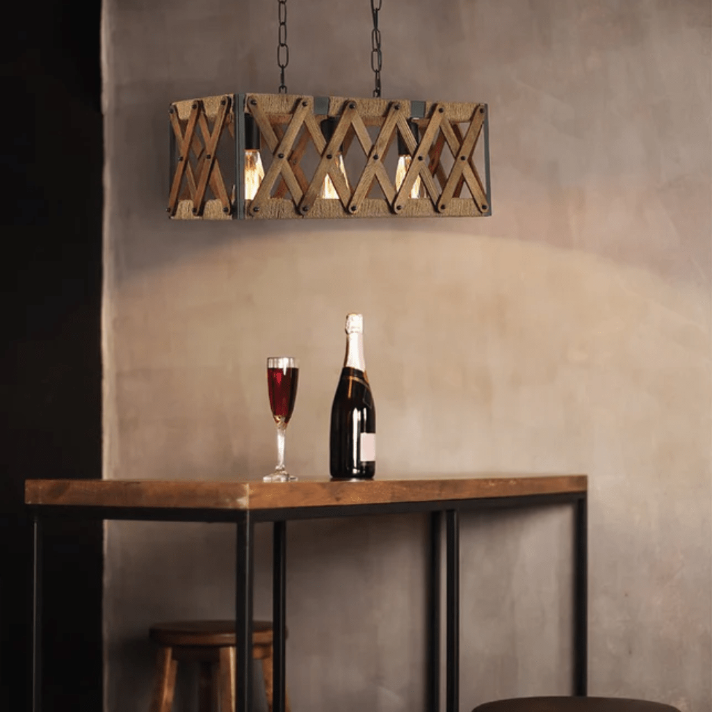 TKLD Pendant & Chandeliers Oak Wood Farmhouse Cuboid Island Chandelier Ceiling Light