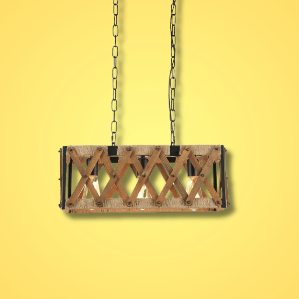 TKLD Pendant & Chandeliers Oak Wood Farmhouse Cuboid Island Chandelier Ceiling Light