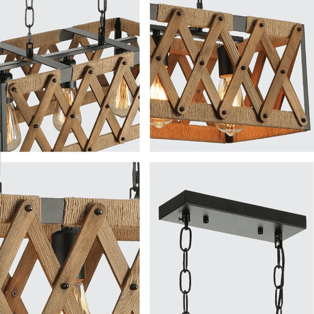 TKLD Pendant & Chandeliers Oak Wood Farmhouse Cuboid Island Chandelier Ceiling Light