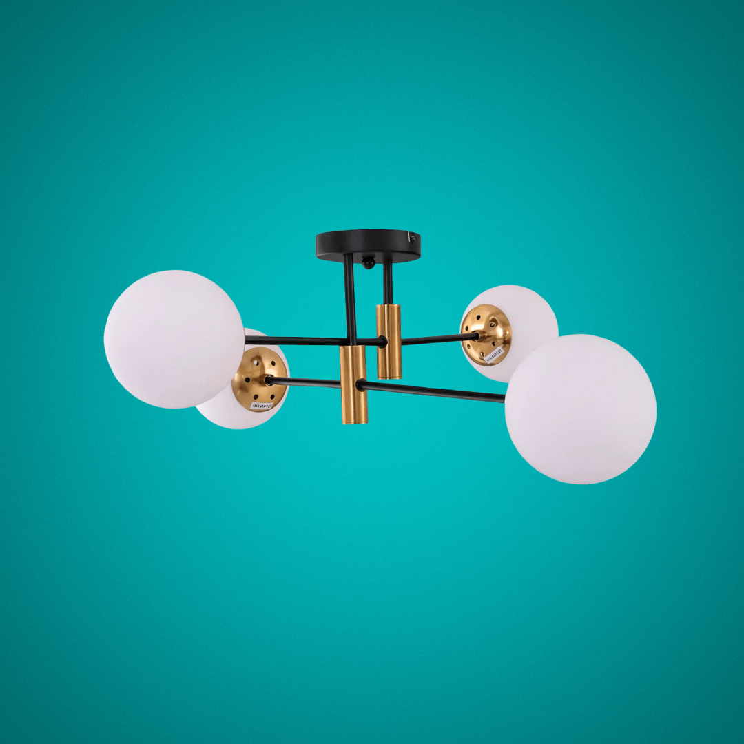 TKLD Ceiling Lights Opal 4 Lamp Glass Globe Gold and Black Metal Semi Flush Ceiling Light - 40W