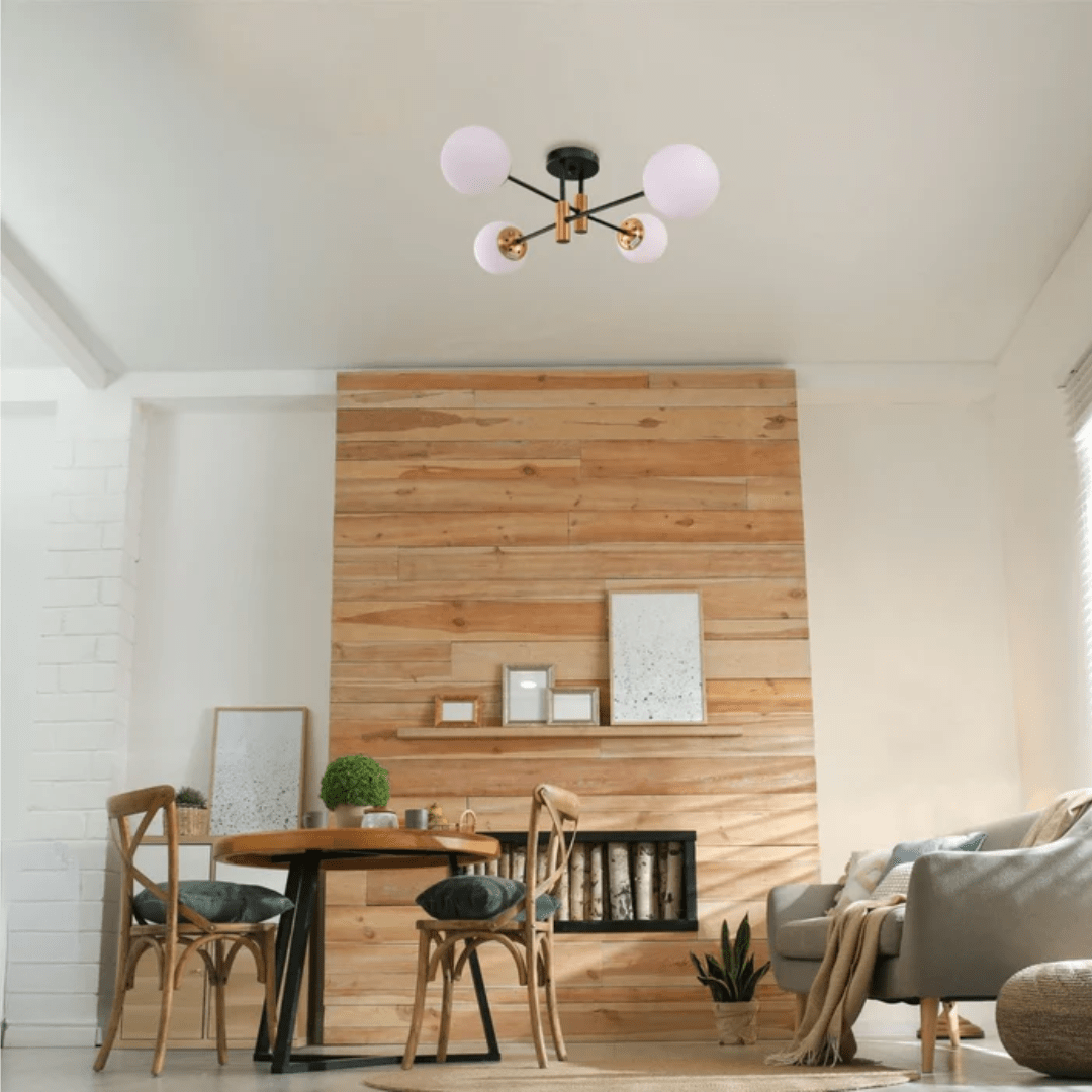 TKLD Ceiling Lights Opal 4 Lamp Glass Globe Gold and Black Metal Semi Flush Ceiling Light - 40W