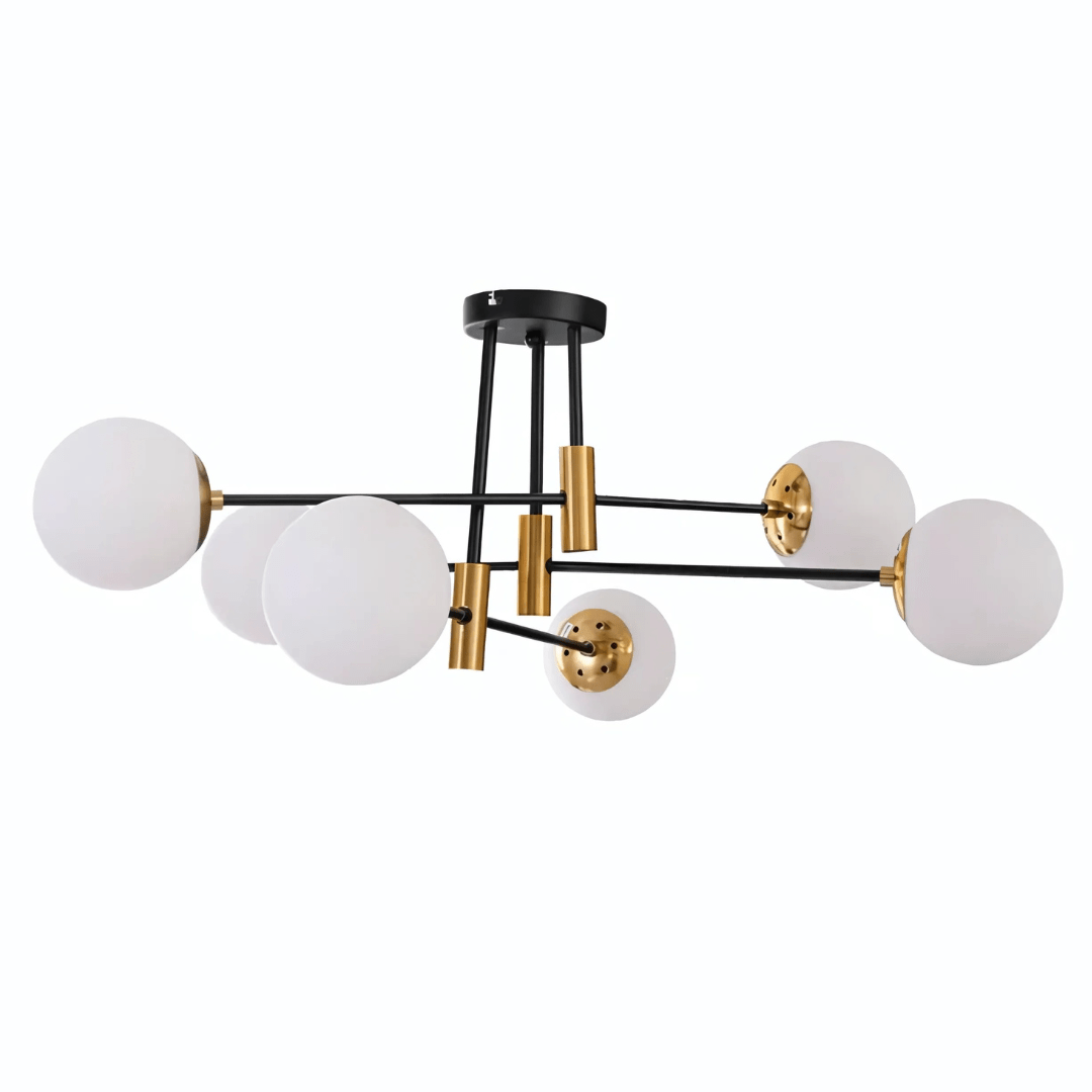 TKLD Ceiling Lights Opal 6 Lamp Glass Globe Gold and Black Metal Semi Flush Ceiling Light - 40W