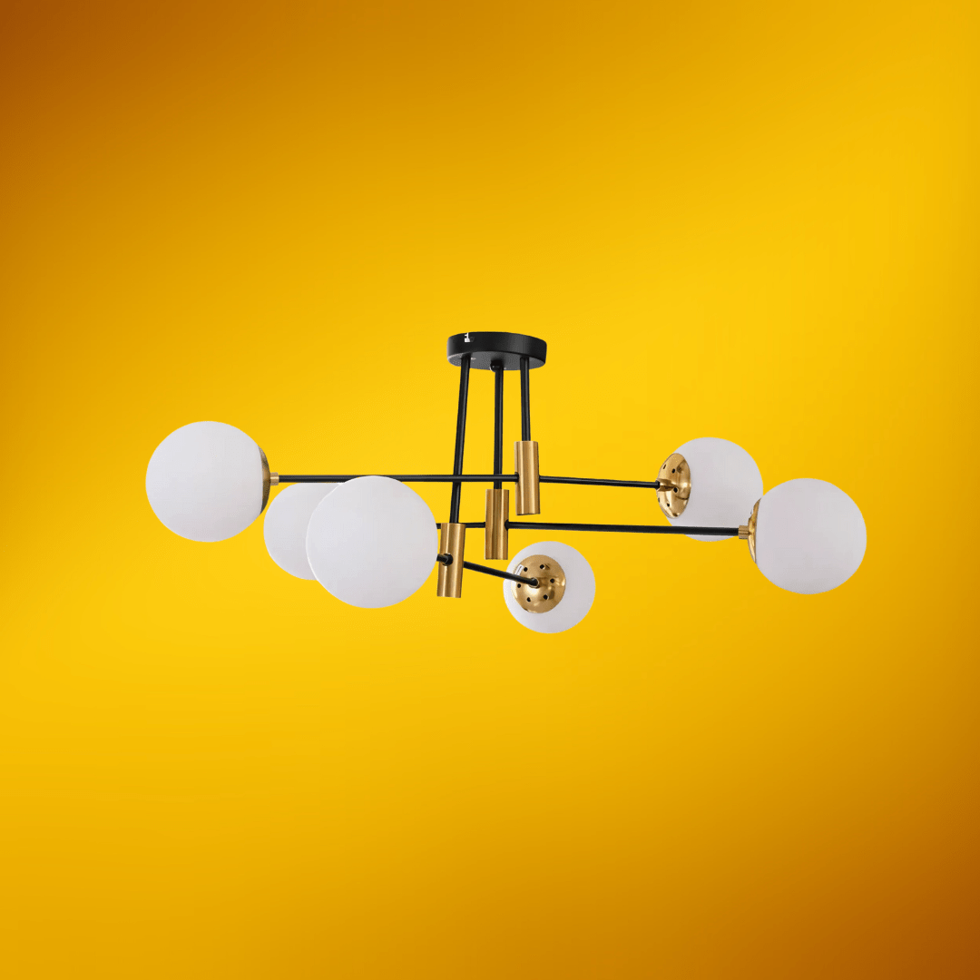 TKLD Ceiling Lights Opal 6 Lamp Glass Globe Gold and Black Metal Semi Flush Ceiling Light - 40W