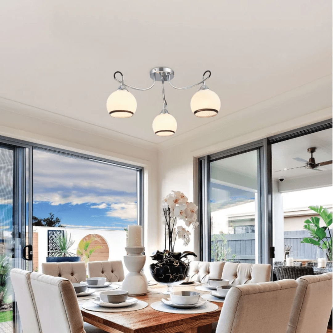 TKLD Ceiling Lights Opal Dome 3 Lamp Glass Chrome Metal Semi Flush Ceiling Light - 40W