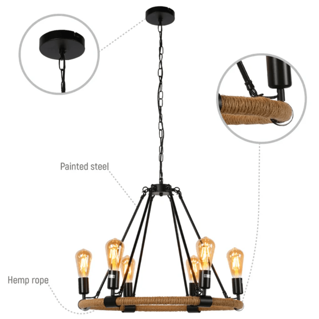 TKLD Pendant & Chandeliers Rustic Charm Jute-Wrapped Circle Chandelier Light - 40W