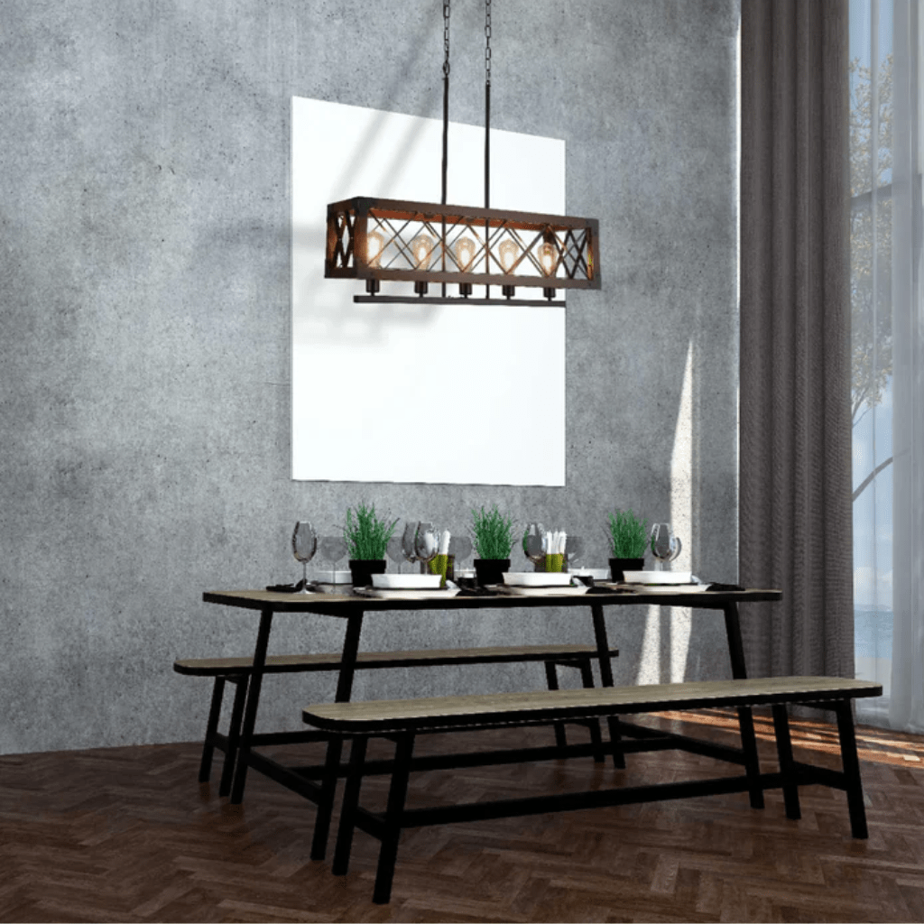 TKLD Pendant & Chandeliers Rustic Rectangular Cage Wood Accent 5-Light Chandelier
