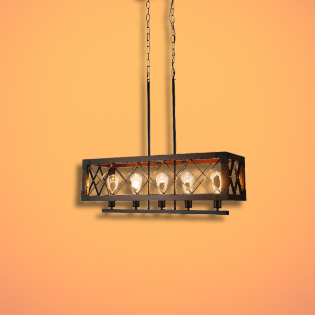 TKLD Pendant & Chandeliers Rustic Rectangular Cage Wood Accent 5-Light Chandelier