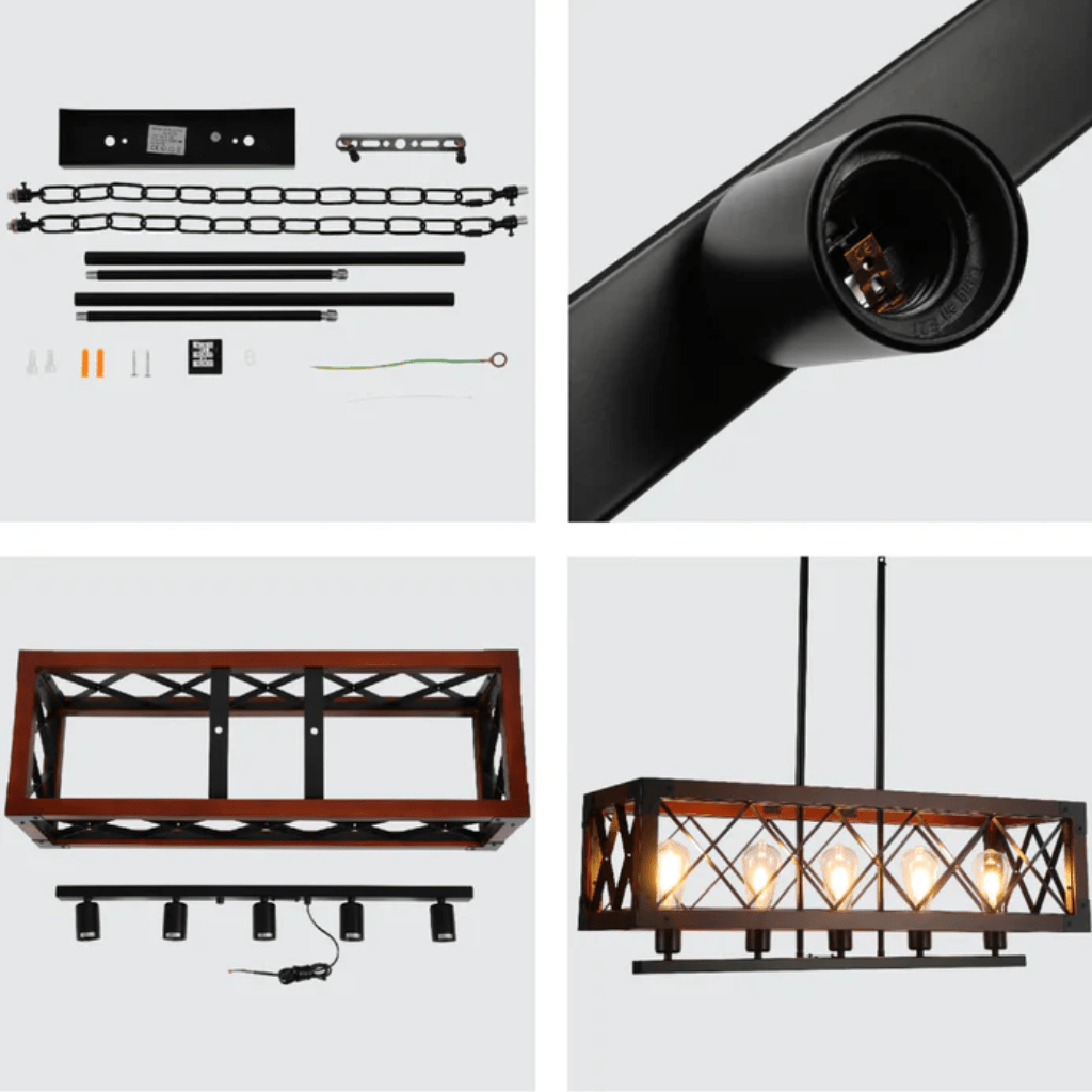 TKLD Pendant & Chandeliers Rustic Rectangular Cage Wood Accent 5-Light Chandelier